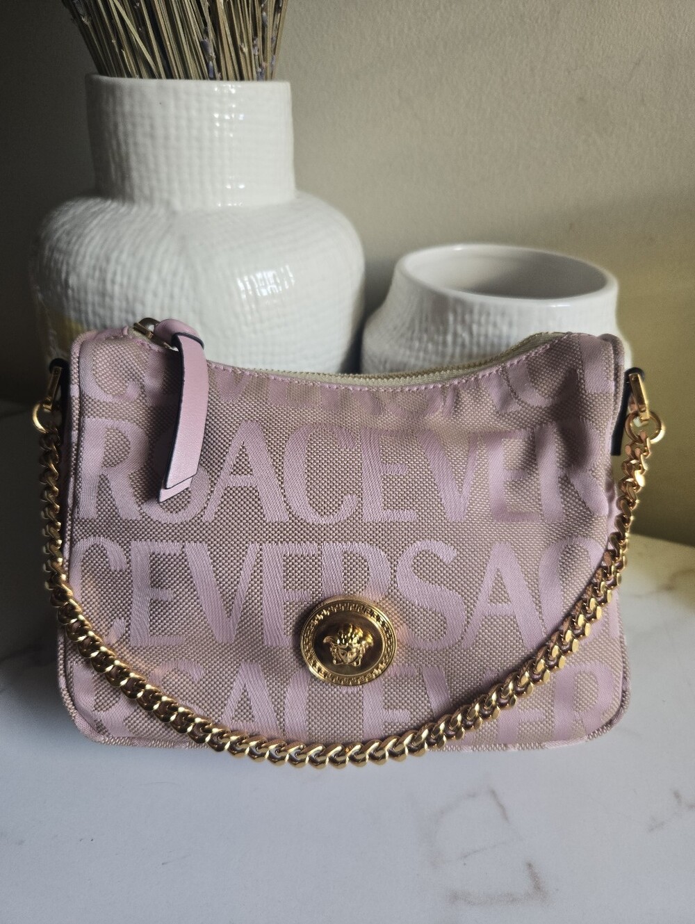 EUC Versace Pink Logo Print Jaquard Mini Baguette Bag With Strap - Picture 2 of 15